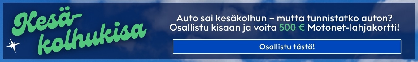 kesakolhukisa_etusivun_banneri_deskari_1350x200px Blue banner ad offering a car-identity contest in Finnish: 'Auto sai kesäkolhun...' with a blue 'Osallistu tästä!' button; green cursive logo on left and star graphic.