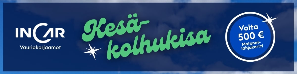 kesakolhukisabanneri_1200X300 Promotional banner with INCAR logo left, green 'Kesä kiinnostuksia' text center, and a blue circular prize graphic offering a 500€ Motonet gift card on the right.