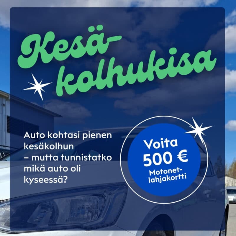Ad banner offering a 500€ Motonet gift card; blue circular badge over a car photo.
